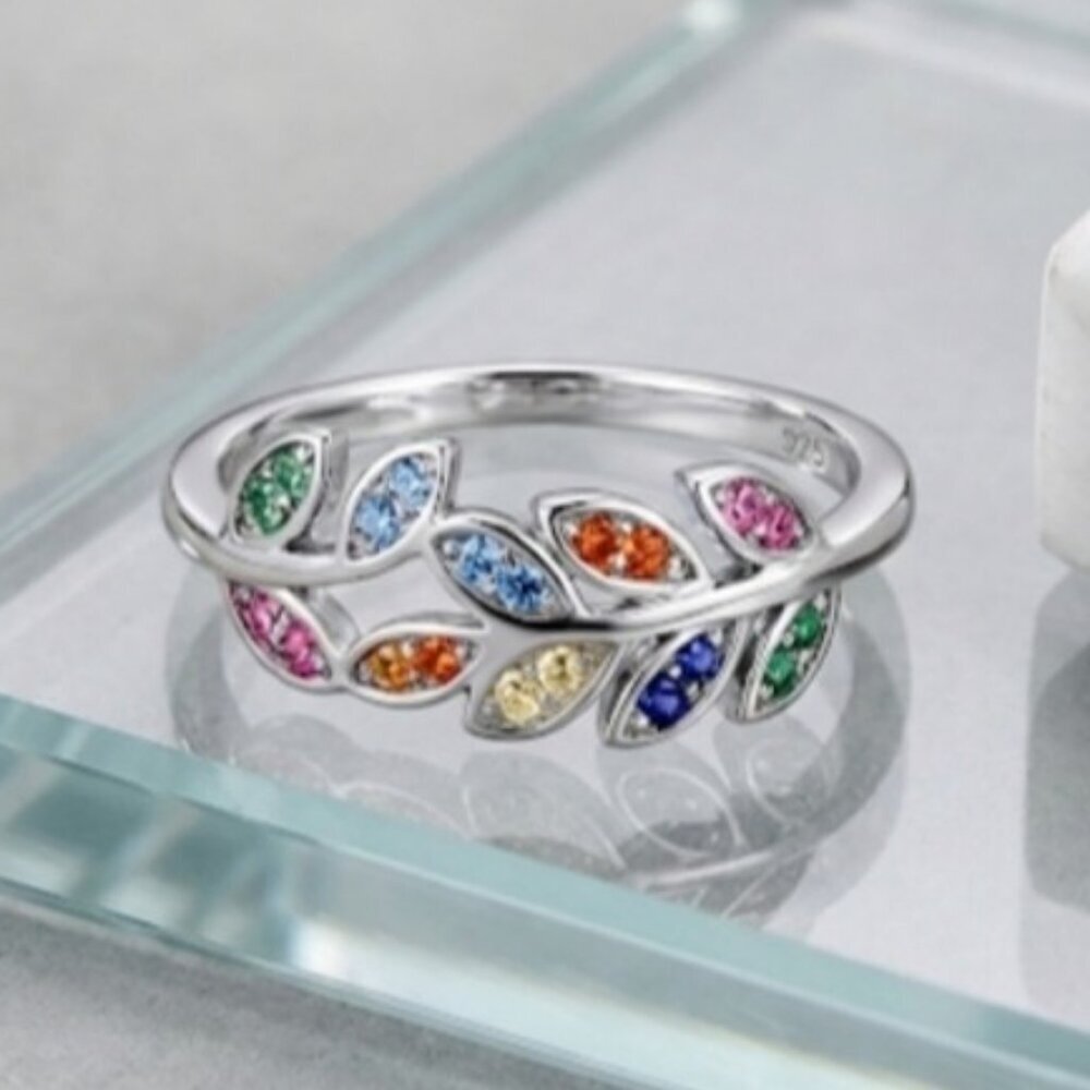 Rainbow Zirconia Leaf Ring Sterling Silver Size 7 Vine Band Nature Cottagecore